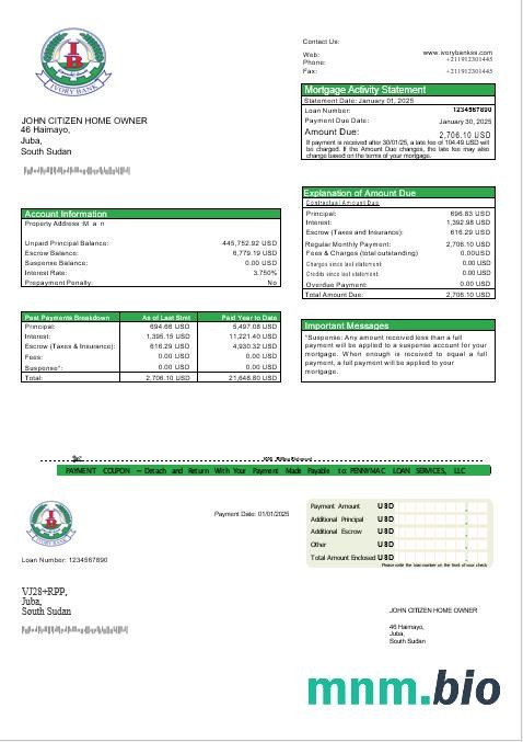 Sudan Południowy Ivory Bank wyciąg z kredytu hipotecznego w formatach Word i PDF